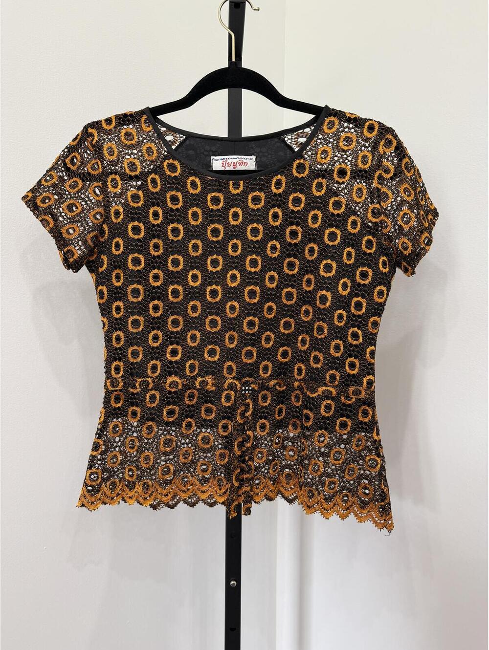 Black and Orange Lace Short Sleeve Top with Peplum Hem